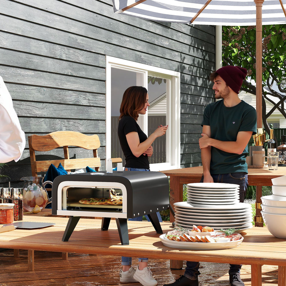 Outdoor Tabletop Gas Pizza Oven with 12" Stone and Peel, Portable Pizza Oven Maker with Thermometer, Foldable Legs, Handle, Gas Hose and Regulator, Black