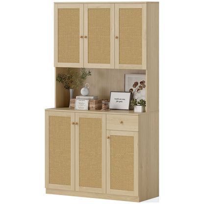 Bohemian style kitchen sideboard with microwave worktop, with decorative rattan doors, natural color