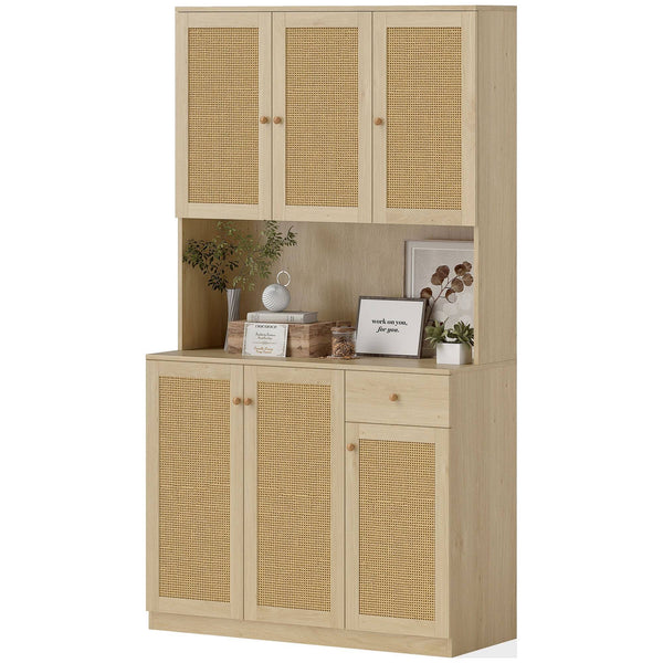 Buffet de cuisine avec plan de travail pour micro-ondes style bohème, avec portes décoratives en rotin, couleur naturelle