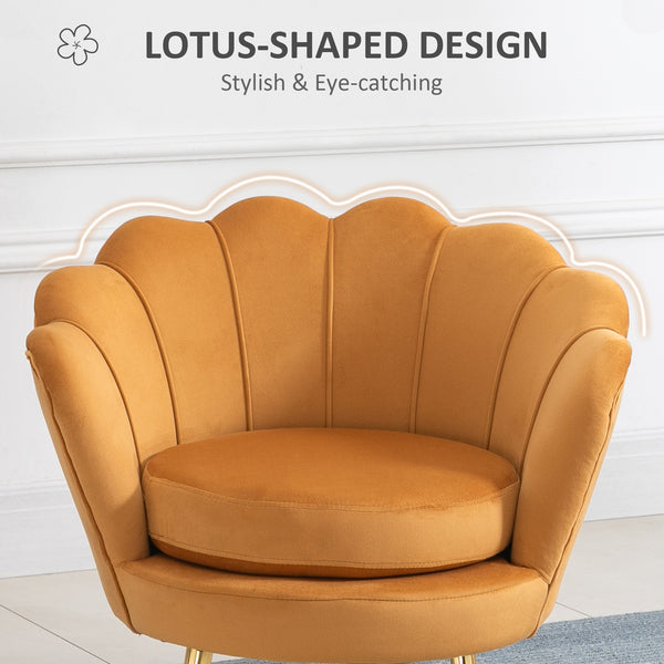 Fauteuil d'appoint lotus en tissu velours avec pieds en métal doré, jaune