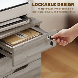 Filing Cabinet with Power Outlets File Cabinet Lockable Casters File Drawer Side Cubbies Light Grey Brown