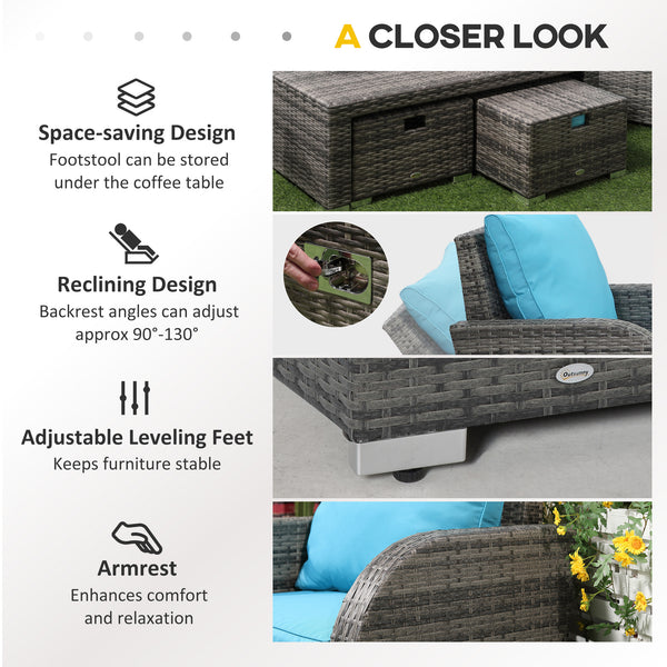 6 Pieces Patio Furniture Set, Conversation Set Wicker Sectional Set Cushioned Outdoor Rattan 3-Seat Sofa, 2 Adjustable Recliners, 2 Footstools & Table Set for Lawn Garden Backyard, Sky Blue