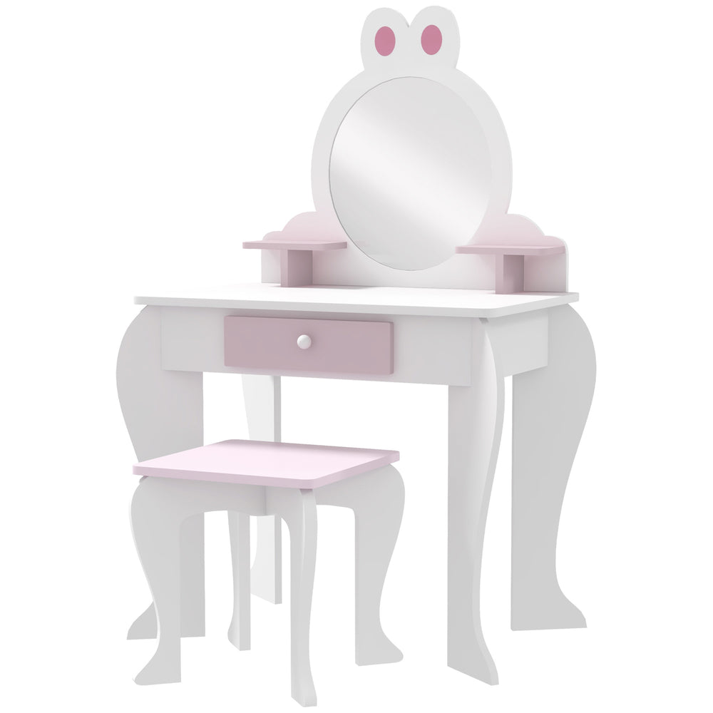 Coiffeuse avec tabouret, miroir, tiroir et boîtes de rangement, motif lapin, blanc
