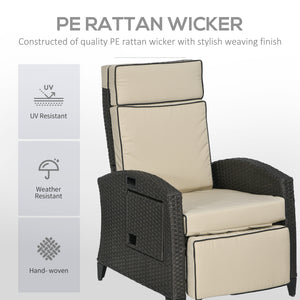 Outdoor Recliner Chair with Adjustable Backrest, Cushion, Side Tray, Khaki