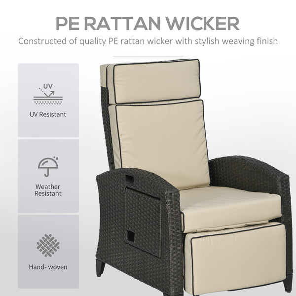 Outdoor Recliner Chair with Adjustable Backrest, Cushion, Side Tray, Khaki