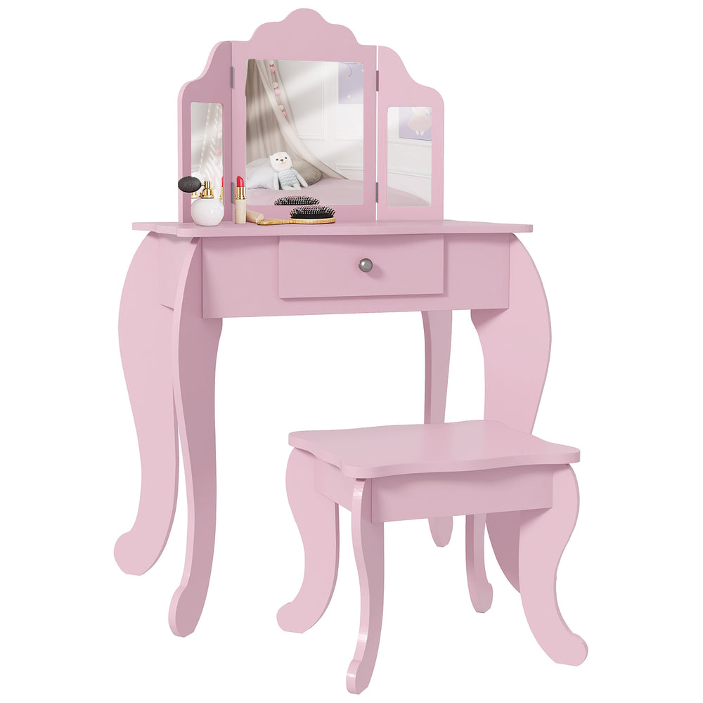 Qaba Star Heart Vanity Table: Tri-Fold Mirror, Drawer, Makeup Desk &amp; Stool for Girls, Pink |