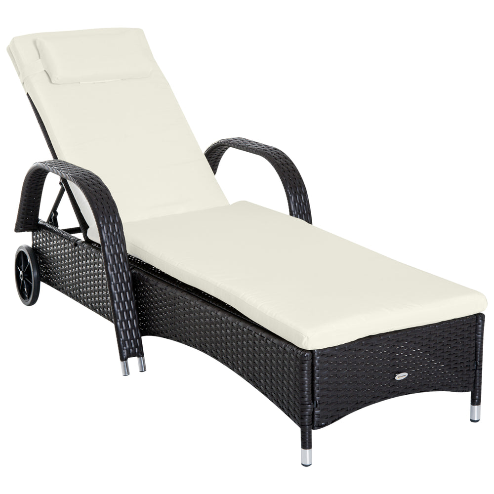 Chaise longue en résine tressée avec appui-tête, blanc crème