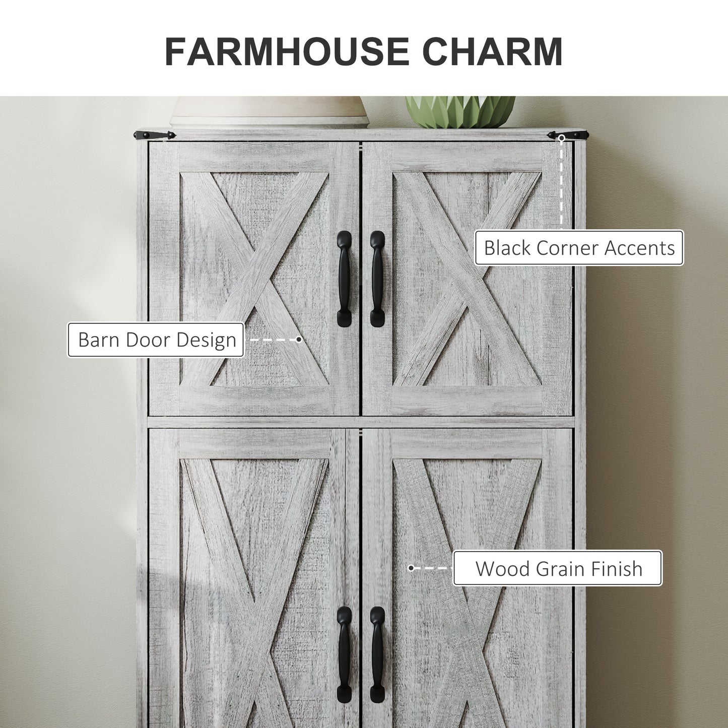 HOMCOM Farmhouse Kitchen Pantry, Freestanding Storage Cabinet with Barn Doors and Adjustable Shelves, Gray