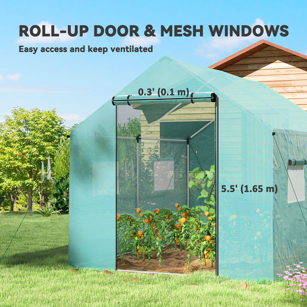 UV and wind resistant tunnel greenhouse with mesh door and windows, green