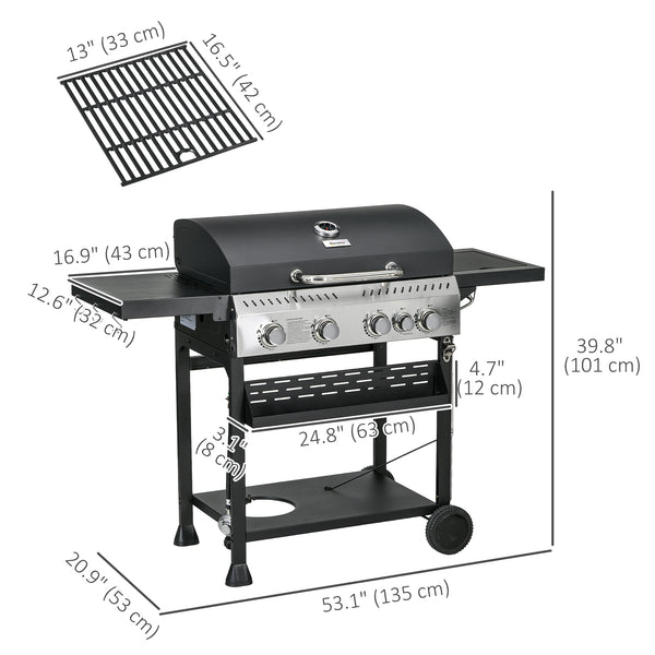 40,000 BTU propane gas barbecue with 4 main burners, 1 side burner, black