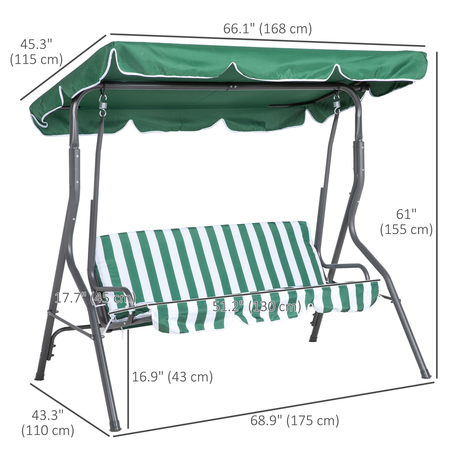Outsunny 3 Seater Patio Swing, Outdoor Swing Chair with Adjustable Canopy, Removable Cushion and Weatherproof Steel Frame, for Garden, Poolside, Green and White