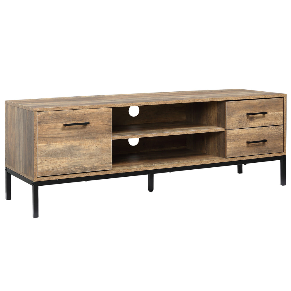 Meuble TV pour écran jusqu’à 50 pouces avec porte latérale, espace de rangement ouvert et tiroirs intégrés, parfait pour un salon organisé.