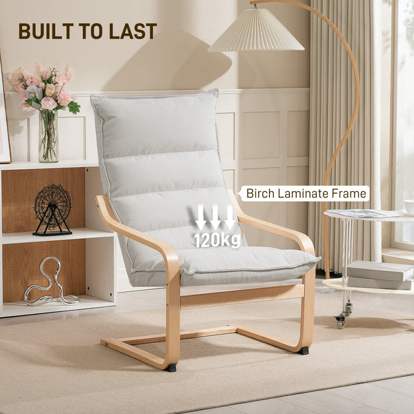 Fauteuil d'appoint en tissu et bois de bouleau avec pieds et accoudoirs incurvés, blanc crème