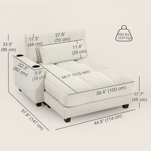 58" Indoor Chaise Lounge, Oversized Corduroy Sofa Bed with 2 Cup Holders, Pillow, Deep Seat Sleeper Couch, Cream White