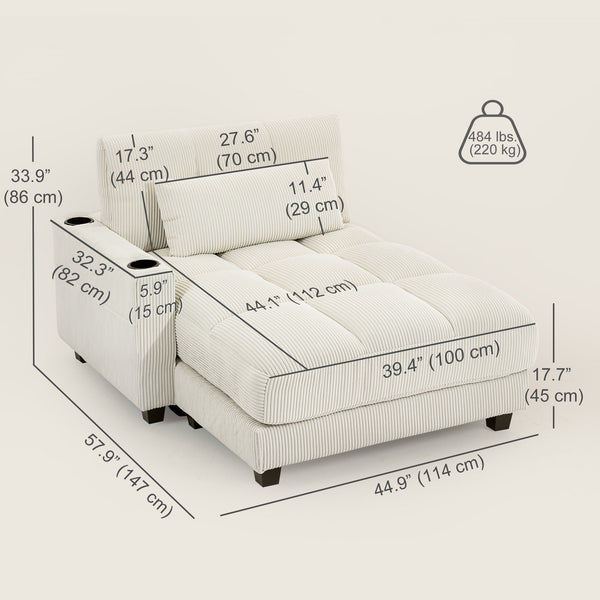 58" Indoor Chaise Lounge, Oversized Corduroy Sofa Bed with 2 Cup Holders, Pillow, Deep Seat Sleeper Couch, Cream White
