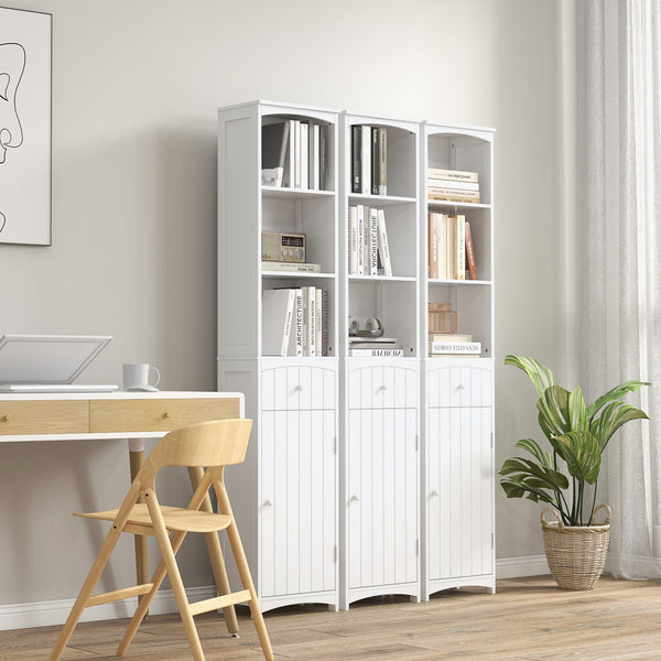 Tall white wooden bathroom storage cabinet