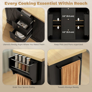 Farmhouse style kitchen island with electrical outlet, soft-close doors, and 3 drawers, black