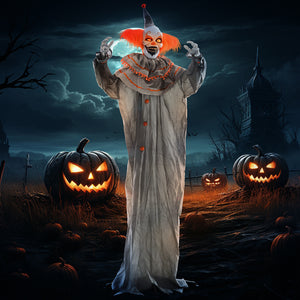 Clown classique orange grandeur nature 1,80 m, décoration d'Halloween d'extérieur, animatronique, activé par le son et le mouvement, avec yeux lumineux