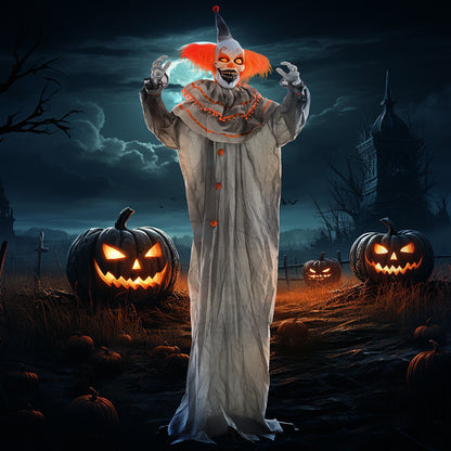 Clown classique orange grandeur nature 1,80 m, décoration d'Halloween d'extérieur, animatronique, activé par le son et le mouvement, avec yeux lumineux