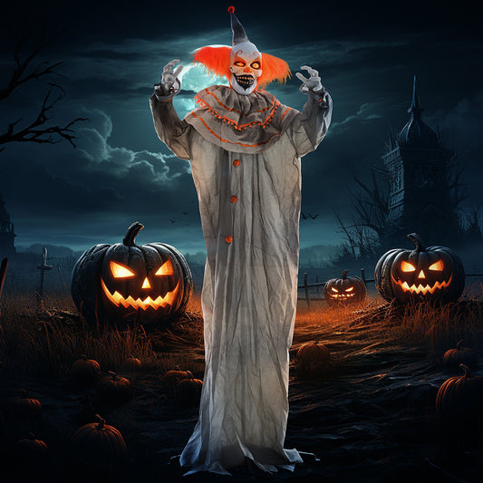 Clown classique orange grandeur nature 1,80 m, décoration d'Halloween d'extérieur, animatronique, activé par le son et le mouvement, avec yeux lumineux