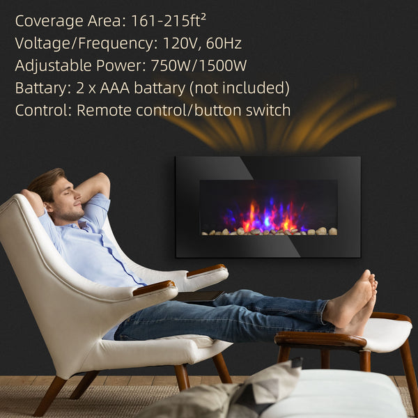 Cheminée murale de 72 cm avec effet flamme LED breveté et 7 couleurs, noir