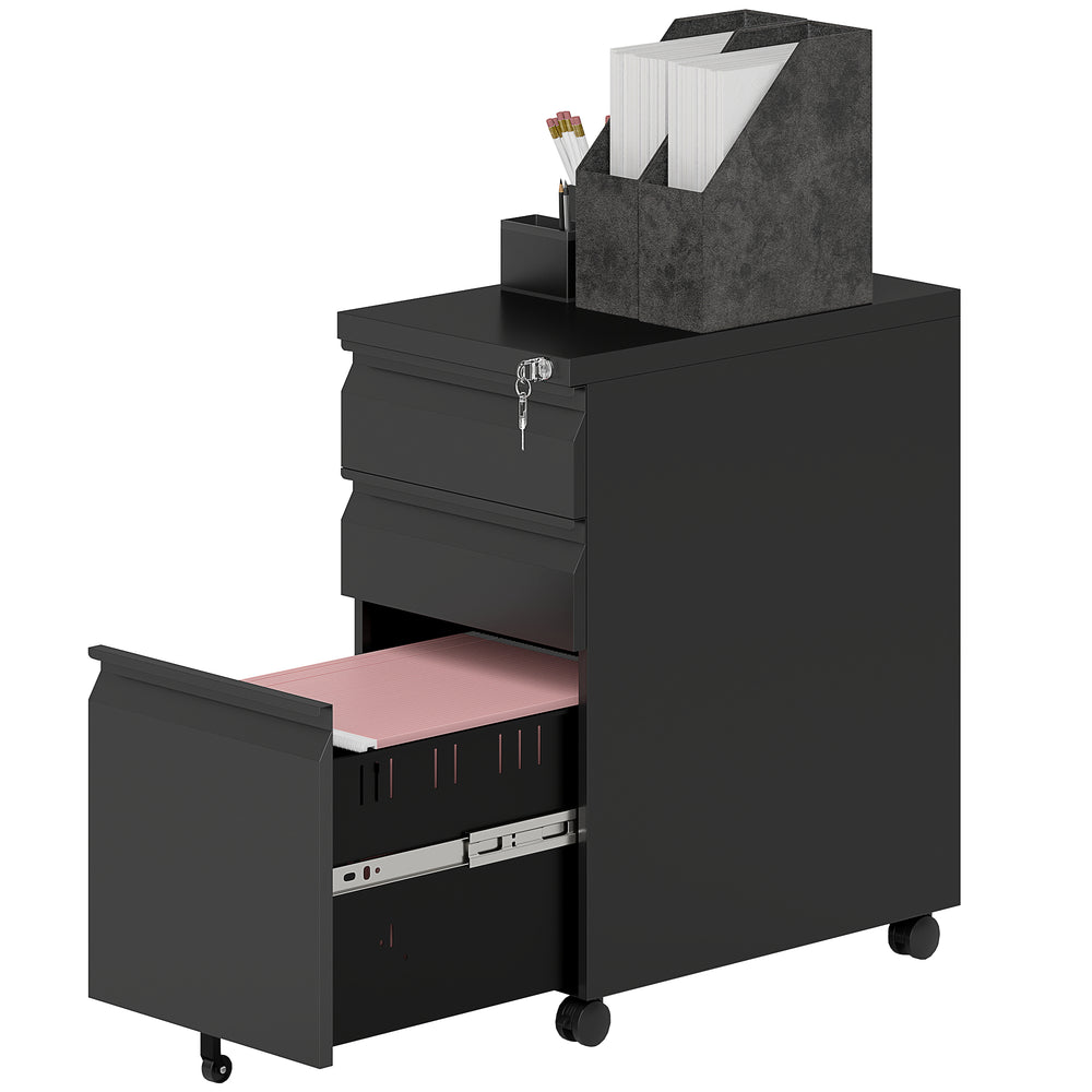 Classeur 3 tiroirs avec serrure, armoire de rangement de bureau en acier avec barre de suspension pour dossiers A4, Légal et Lettre, noir