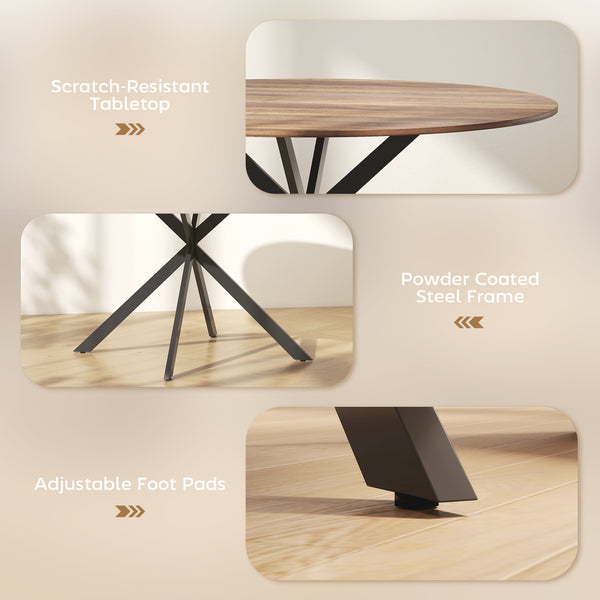 Round kitchen table for 4 people, industrial style, steel legs, dark brown and black.