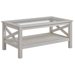 Table basse de style ferme avec plateau en verre trempé, chêne blanc