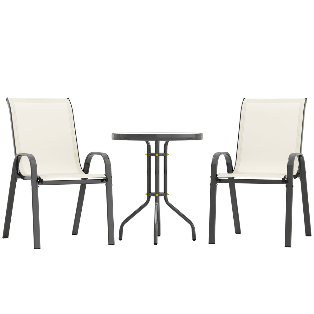 3 Pieces Bistro Set, Small Patio Furniture Set with Stackable Mesh Chairs, Glass Table for Garden, Balcony, Beige