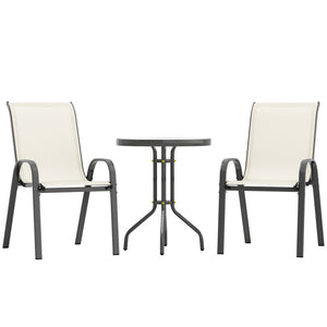 3 Pieces Bistro Set, Small Patio Furniture Set with Stackable Mesh Chairs, Glass Table for Garden, Balcony, Beige
