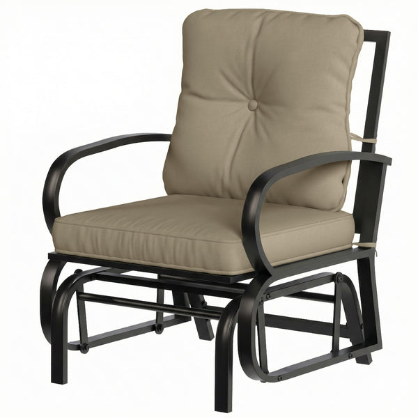 Fauteuil à bascule avec coussins, structure en acier, accoudoirs incurvés, beige