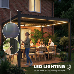 Pergola 10 x 10 à lames orientables avec éclairage solaire LED avec gouttières de drainage, noire