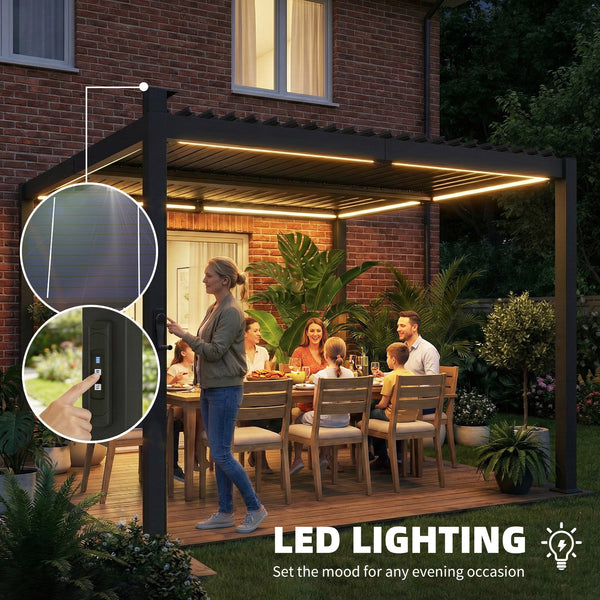 Pergola 10 x 10 à lames orientables avec éclairage solaire LED avec gouttières de drainage, noire
