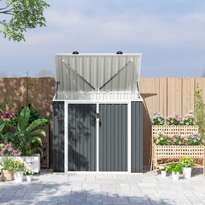 Garden shed with storage for a bin, double lockable door and hinged lid
