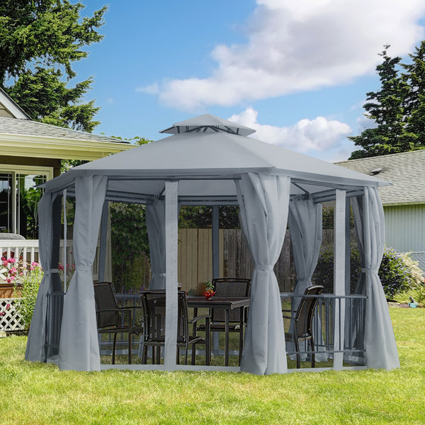 Outsunny 13ft Hexagon Gazebo Outdoor Canopy Shelter with Netting and Shaded Curtains Gray |