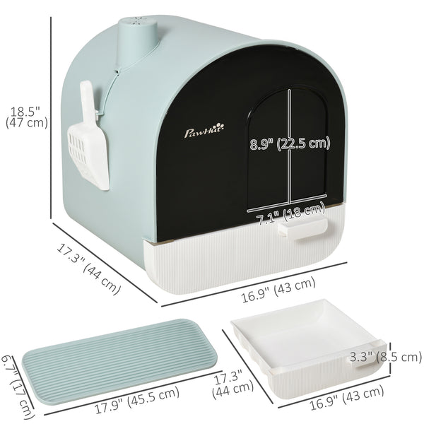 Litter box with lid, removable tray, scoop and filter, green