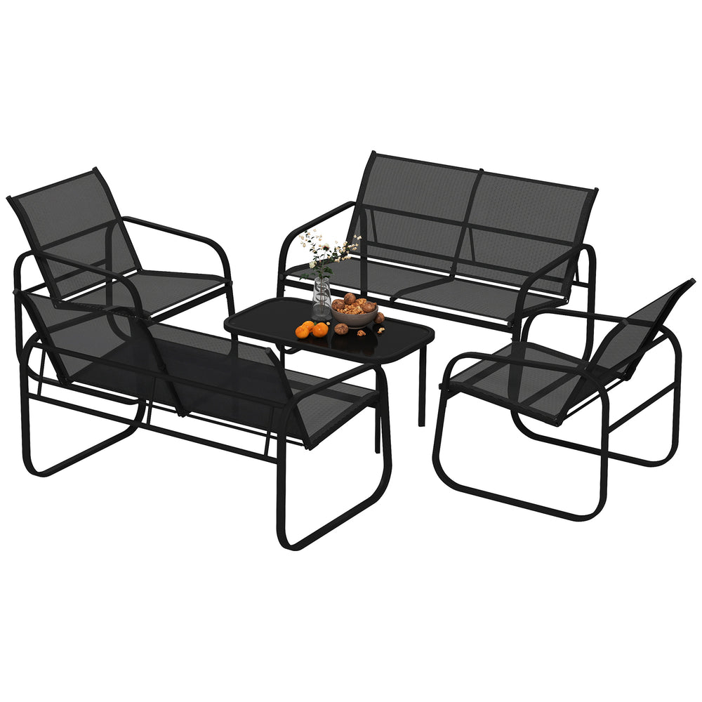 Ensemble de mobilier de patio 4 pièces comprenant 2 causeuses, 2 fauteuils et une table à plateau en verre, noir