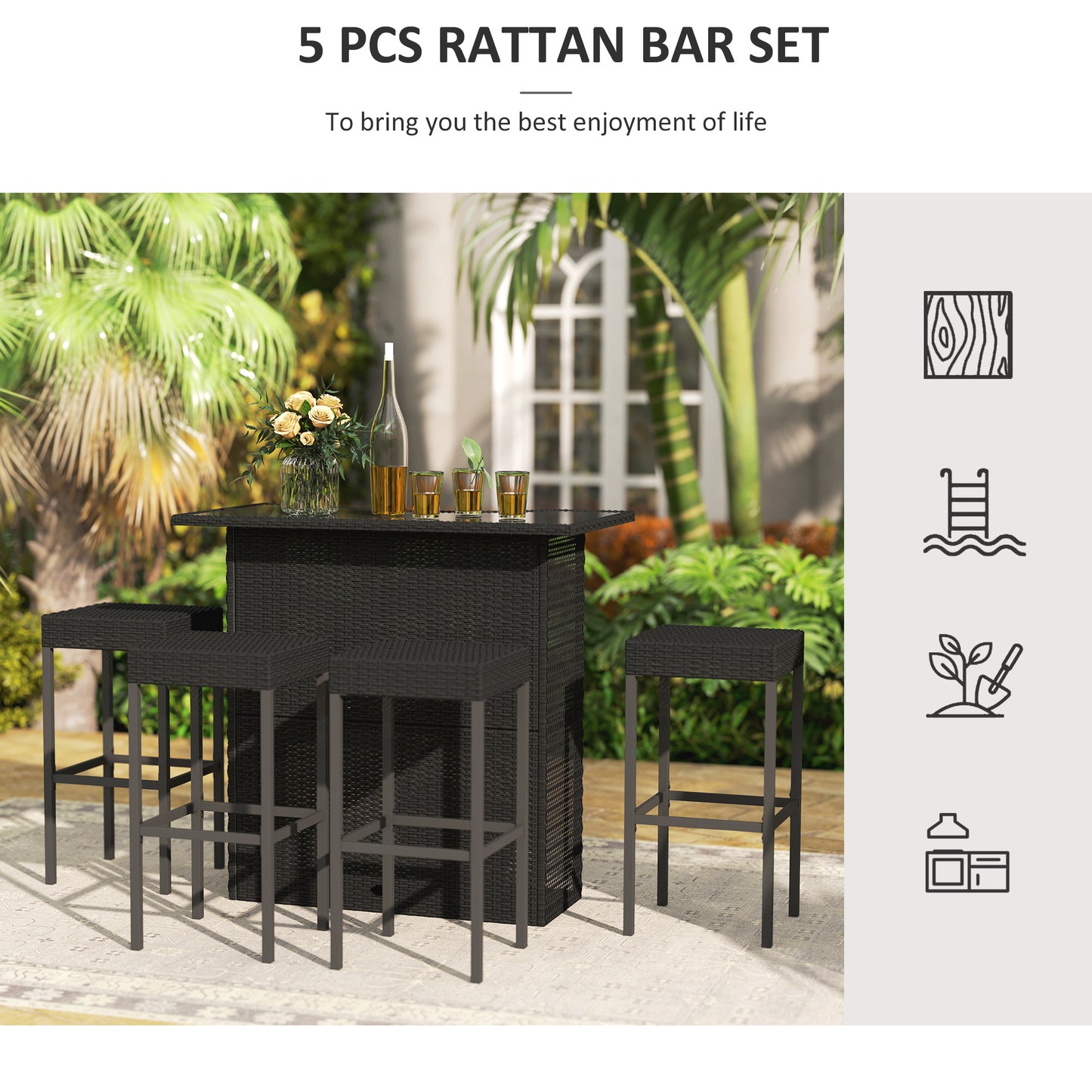 Outsunny 5 Pieces Patio Bar Set, Outdoor PE Rattan Wicker High Top Outdoor Table and Chairs with Glass Top Bar Table and Shelves, 4 Bar Chairs, Black |