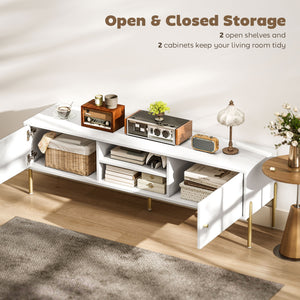 TV stand for TVs up to 65 inches with 2 open shelves, 2 cupboards and steel legs, white