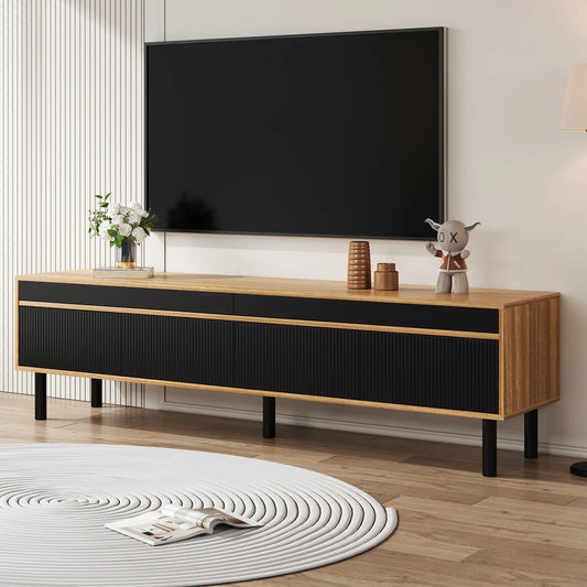Meuble TV avec élégant motif à rayures et pieds en bois robustes, noir et naturel