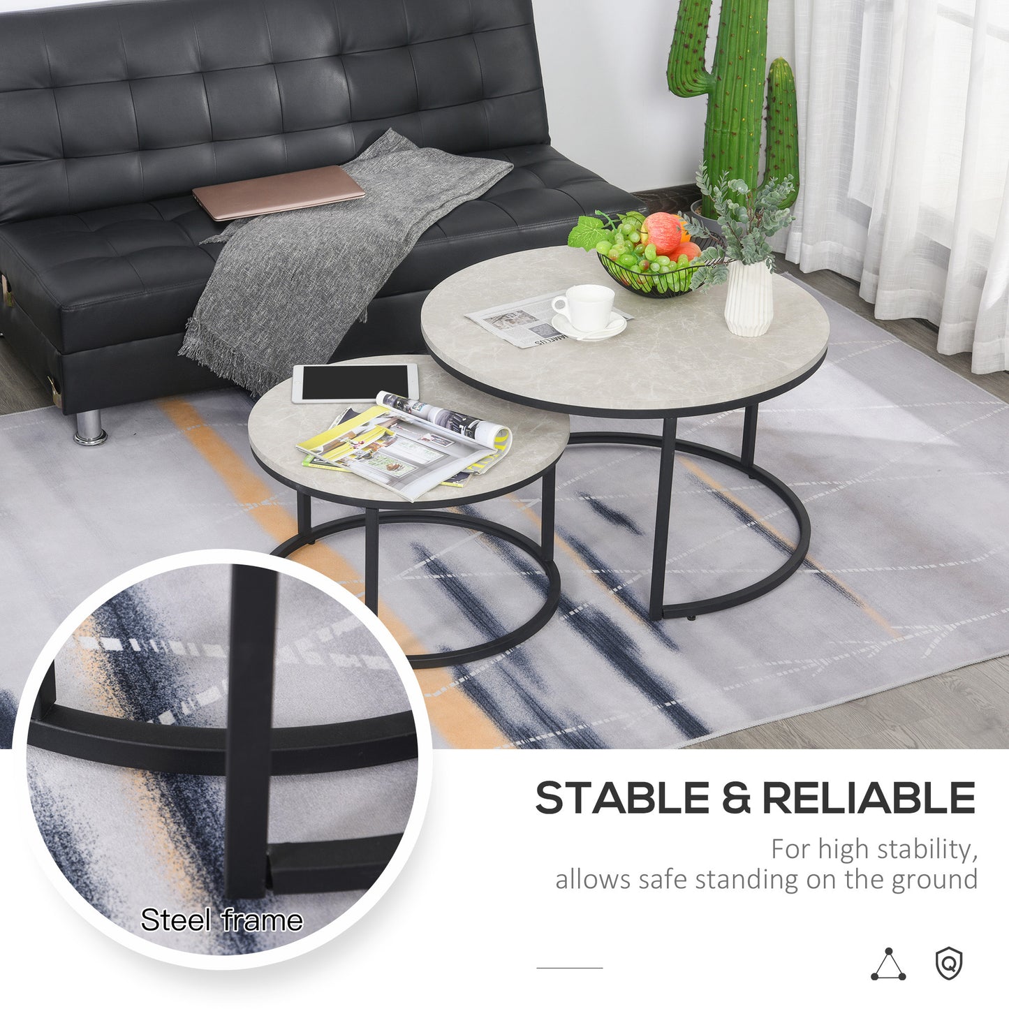 Lot de 2 tables basses modernes avec base en métal pour salon, gris ciment