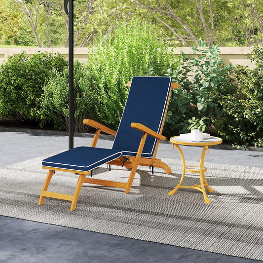 Outsunny Folding Sun Lounger with Padded Cushion, Acacia Wood Reclining Lounge Chair with Footrest for Garden, Navy Blue
