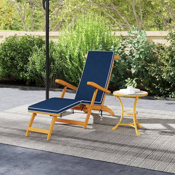 Chaise longue pliante avec coussin rembourré, inclinable en bois d'acacia avec repose-pieds pour jardin, bleu marine