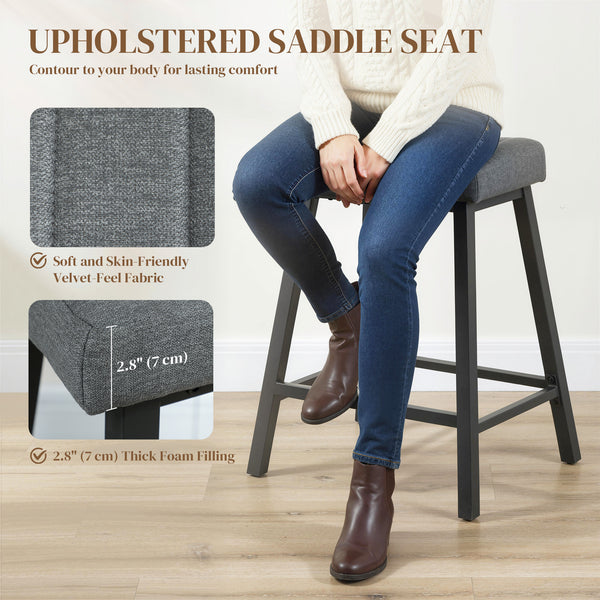 Set of 2 Bar Stools, Velvet Upholstered Counter Stools with Curved Seat and Footrest for Kitchen Island, Grey