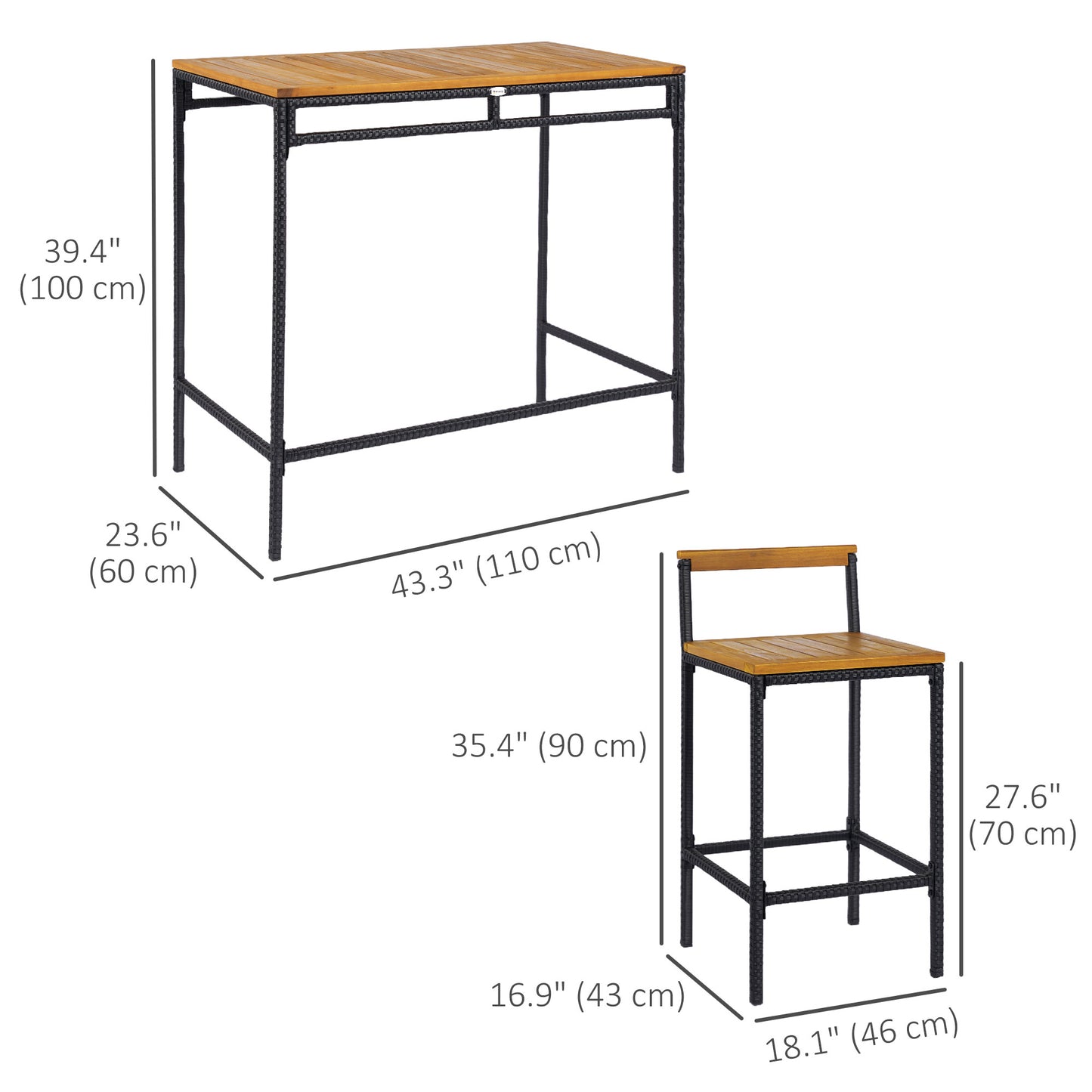 Ensemble de bar 3 pièces en osier, table et chaises de bar avec plateau en bois d'acacia, bois naturel
