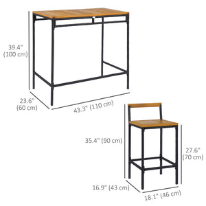Ensemble de bar 3 pièces en osier, table et chaises de bar avec plateau en bois d'acacia, bois naturel