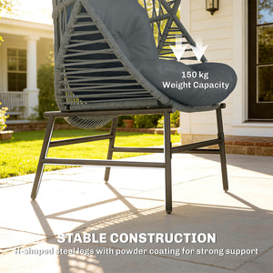 Wicker egg chair with thick cushion, headrest, and steel frame, dark gray