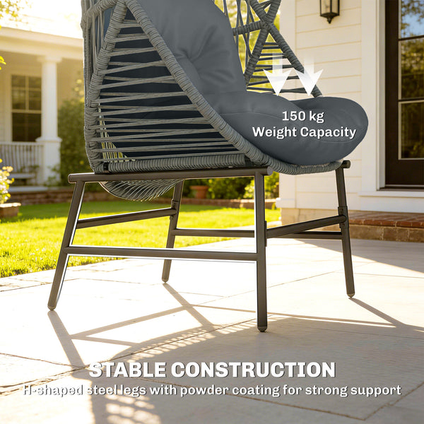 Wicker egg chair with thick cushion, headrest, and steel frame, dark gray