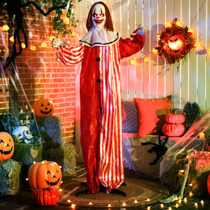 Clown animé grandeur nature pour Halloween, yeux rouges lumineux, activées par le son, fonctionne sur piles