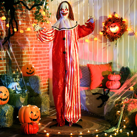 Clown animé grandeur nature pour Halloween, yeux rouges lumineux, activées par le son, fonctionne sur piles